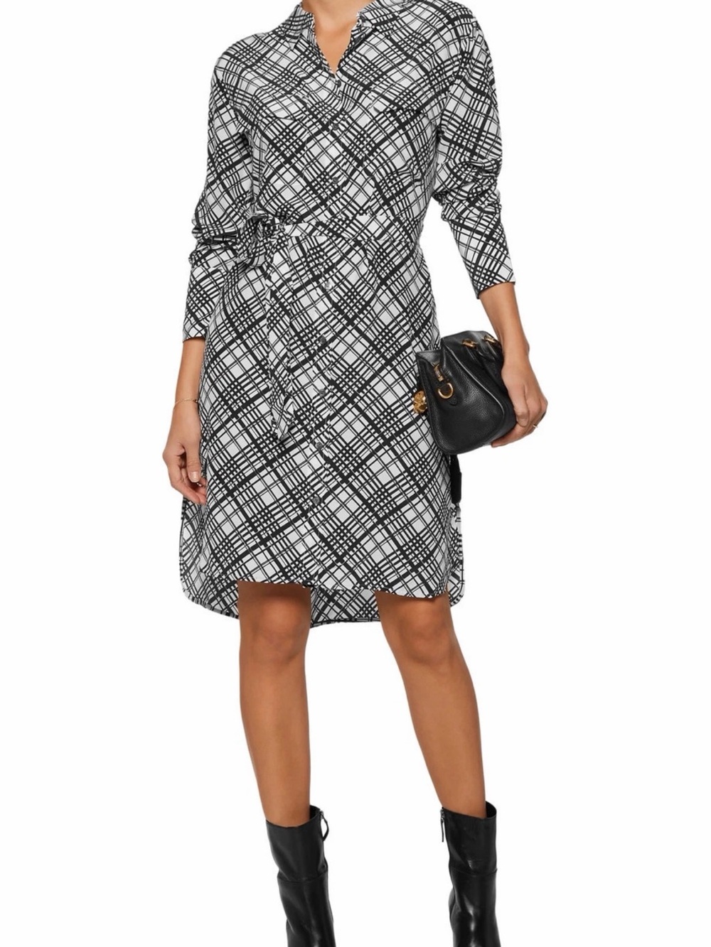 Equipment Femme Black & White Plaid Silk Long Sleeve Midi Shirtdress Size S
